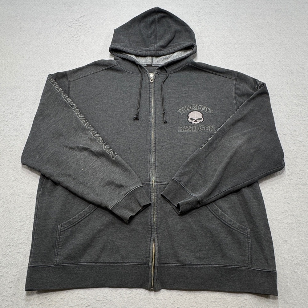 Y2K Harley-Davidson Hoodie Men's 2XL Gray Zip Up Fleece Willie G Skull Bikercore